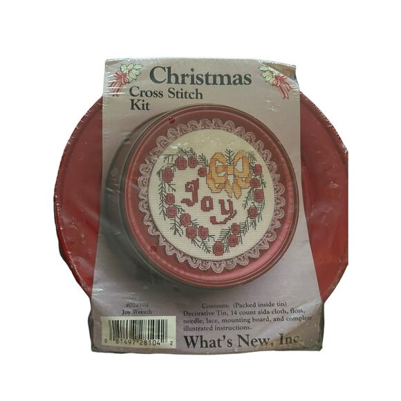 What's New, Inc. Christmas Cross Stitch Kit 028104 Joy Wreath in Tin - Picture 1 of 3